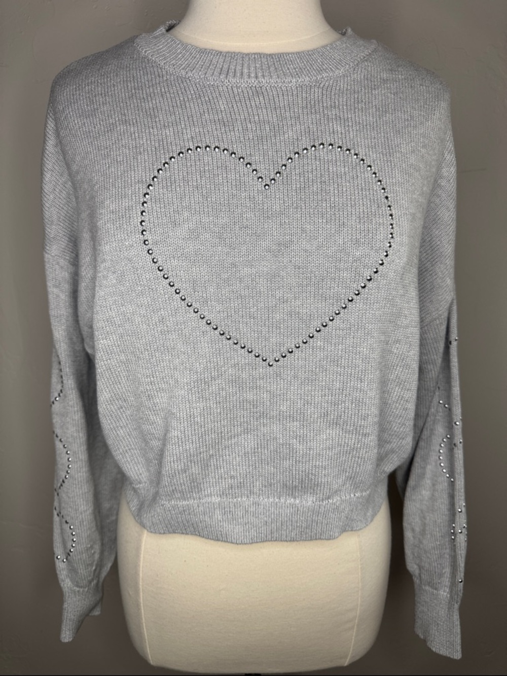 Madden NYC Studded Heart Crewneck Sweater in Light Gray